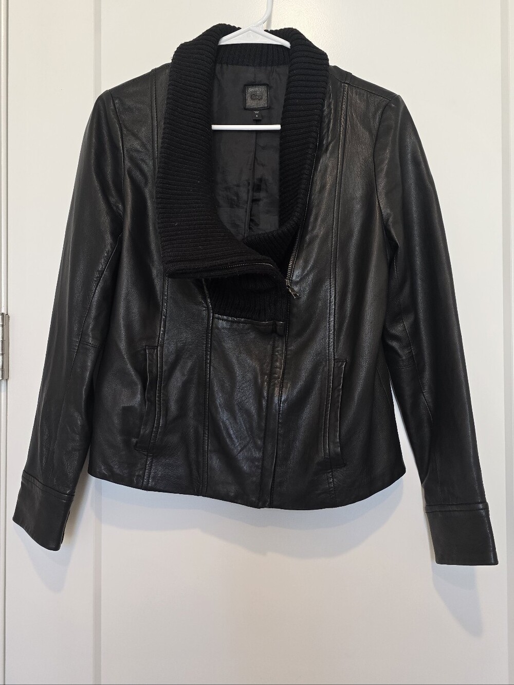 GAP Leather Black Soft Genuine Leather Moto Jacket with Knit Shawl Collar